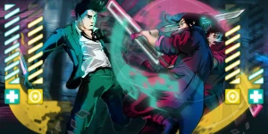 Футуристический неоновый экшен с элементами камень, ножницы, бумага